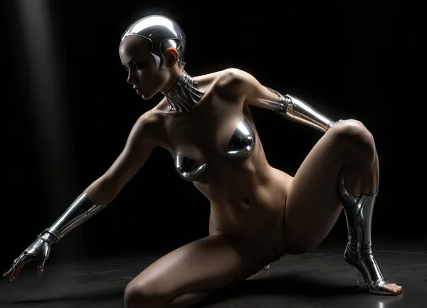 A sexy female robot with reflecting metallic chrom skin, a highly detailed and vibrant fantasy artwork, concept art nude big brest girl, art by Hajime Sorayama. She wears nothing, completely nude, chrome skin, Chrome Eroticism, smooth, reflective surfaces that enhance the metallic sheen of robots. The detailed rendering of textures, from the softness of human skin to the hardness of metal, she has no hair, bald head, dynamic lighting, lights, digital painting, intricated pose, highly detailed intricated, . digital artwork, illustrative, painterly, matte painting, highly detailed, best quality, fine detail, warm lightning, erotic, porno, subdued atmosphere, chiaroscuro, full body, full body view, light_green background. The body floats weightlessly in space. Crouched position. Tumbling body in space. Art style inspired by Hajime Sorayama and the sexy robot series., low angle, ((randomized-body view from below)), <lora:dark:.5>