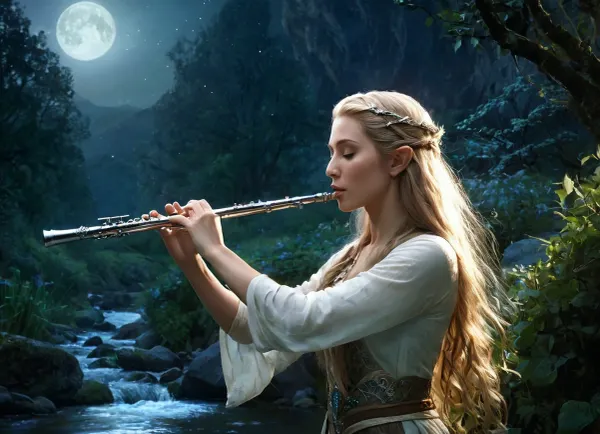 Fantasy art, elven musician, with flowing hair, leaves flying around, playing a silver transverse flute by a moonlit stream, calm expression, long loose hair, soft ethereal lighting, digital painting, detail