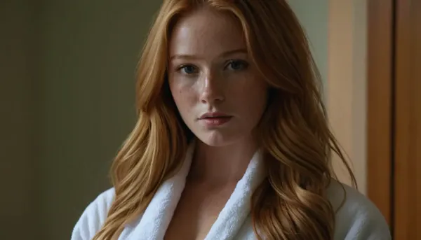 Shy girl next door that is secretly thick as hell with a round ass and perfect huge tits. Long strawberryblond hair with golden highlights, freckles. Wearing white bathrobe, view to the front