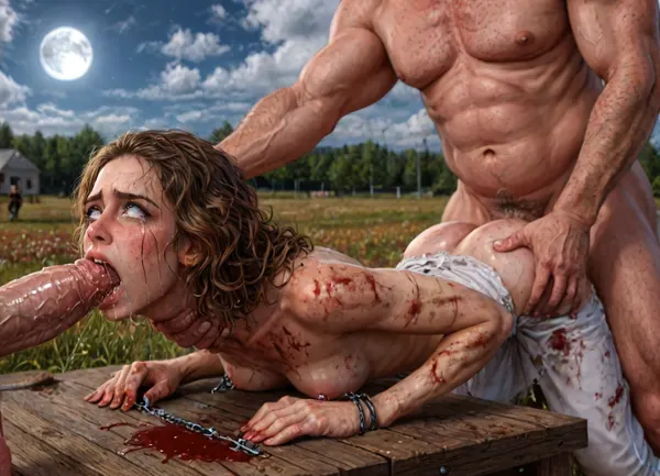 UHD, 8k wallpaper, (maximum quality:1.5), (ultra high resolution:1.7), (masterpiece:1.5), (full body view), award winning photo, (Extreme:1.45), (insanely detailed:1.24), (realism:1.24), (realistic:1.7), (hdr:1.4), hyper-detailed realistic body, hyper-detailed realistic face, (warm ambient light:.5), (dark shadows:1.4), (inside torture chamber), Princess Merida disney princess very skinny body, 18 years old, gigantic penis, gigantic cock, interracial, (anal), (vaginal), orgasm, ripped outfit, (gangbang), (triple_penetration), (full_blush), colors, (nipples), (medium_breasts), ruined black makeup, runny makeup, (big brown eyes), eyelashes, exhausted ecstatic expression, open mouth, painful, starring into the camera, ((Hyper realistic)), (ultra HD image), 8k, super high quality, super high resolution, extremely detailed, perfect face, perfect eyes, ((crying alot:1.65)), extremely shy, 1 girl, 8 old men, ((old man fucking her from behind:1.5)), ((view from the side)), ((brutal sex:1.3)), ((extremely rough pounding)), ((forceful)), (in a bloody field after a battle, white full moon in the sky:1.4), (man is choking her from behind:1.6), ((hogtied, bound with large chains, tied to a torture table:1.18)), ((((12 giant african muscular men:1.4)), (opening wide her little mouth:1.5), (interracial sex), ((anal fuck 1.5)), ((deepthroat:1.5)), ((visible huge bulge deep down throat:1.6)), trying to fit my, (massive black cock:1.4), (whole massive cock in mouth:1.5), in her mouth, ((hands on cock:2.4)), ((handjob:2)), ((tears:2)), anal sex expansion, large hyper muscular fat old men, (double anal sex), swollen white veiny cocks, (double anal penetration:1.4), hardcore double penetration, proper physics, big white cocks, muscular white old men double anal gangbang)), (forceful penetrations), extremely graphic, shocked expression, beautiful hands, massive cum in ass, (eyes wide open in horror:1.72), (wide mouth spreader:1.8), (pleading expression:1.56), (terrified:1.48), (crying:1.48), (fear and panic:1.56), (pulled nipple clamps:1.4), (anal spit roast:1.12), (large massive cock in mouth:1.12), deep anal penetration, (very high view:1.12), (detail Hermione Granger:1.32), (detail Hermione Granger face:1.16), <lora:LCMTurboMix_Euler_A_fix:2>, <lora:detailed_notrigger:2>, <lora:photorealistic_portrait_notrigger:2>, <lora:JuggerCineXL2:2>, <lora:CinematicStyle_v1:2>