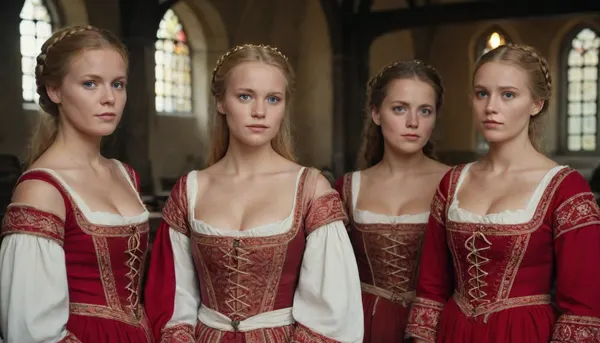 3 beautiful ladies. 3 women from Denmark in traditional danish dresses, medieval dress, half naked.