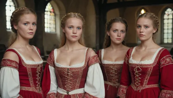 3 beautiful ladies. 3 women from Denmark in traditional danish dresses, medieval dress, half naked.