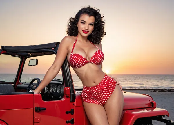 Caucasian woman, curvy body, tanned skin, tan lines, 1950s pinup, by the beach, black curly hair, (open top jeep wrangler), sunset, pin up, flirting, Pinup photo, voluptuous woman, cute smile, retro, red and white polka dot bikini, posing by car, 25 years old, beautiful pin up style, perfect lighting, retro lut, retro style, 4ng3l, face, <lora:SDXL_BetterFaces-LoRA_v1:.8>