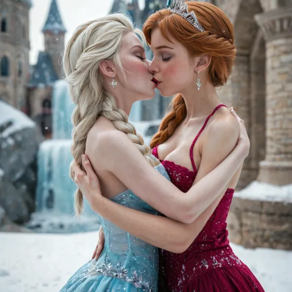 (Princess Anna and Princess Elsa), (frozen), ((Princess Anna kissing Princess Elsa)), (fake tits), (round breasts), high detailed skin, 8k uhd, dslr, high quality, detailed skin texture, highly detailed hair, sharp body, highly detailed body, realistic, soft focus, insanely detailed, highest quality, skin pores, skin imperfections, (cold ice castle:1), full body view, seductive, sexy legs, high resolution photography, friendly, flirty, ((Elsa kissing Anna)), blurry background, Bokeh, (embracing)