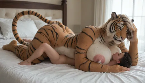 (1female, Huge Female Furry anthro tiger with huge round breasts, (huge niples:1.6), enlarged niples, excessive lactation, tail, anthro hands, furry paws, full body furr, beautiful, horny, passionate expression, nude), lying on bed, (1man, smaller human boy), high resolution, detailed