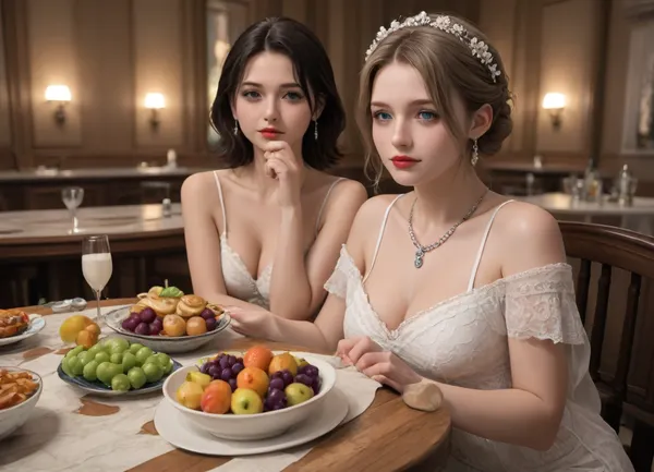 The image depicts a lavishly set dining table, laden with food and beverages for a festive occasion. There are platters filled with fish, a baked meat dish, and a variety of wines and spirits. Beautifully prepared desserts, as well as bowls of grapes, pears, and other fruits, are displayed. Elegant glassware and dinnerware surround the dishes. Floral arrangements serve as centerpieces, adding to the opulent atmosphere.
Today was my birthday, and I decided to celebrate it in a special way. I put on green eye shadow and bright lipstick. My sister also decided to join me in this unusual celebration.
Together, my sister and I filmed in the nude. We have milk running down our thighs, and we only wear stockings. I put the words "boob" on my sister's boobs with lipstick. My sister also did not stay away and painted hearts all over her body with lipstick.
But that wasn't all. I decided to go even further and entered the sauna with a bottle of lipstick in my hands. I put lipstick on my lips and started masturbating in hot water. My sister did the same thing.
My sister and I were both sitting on chairs, holding our feet in the air, and applying nail polish to the skin of our feet. I could feel my vagina filling with moisture, and I applied green shadows to its edges.
Our birthday was unusual and funny, but we enjoyed every moment. We had naked and attractive breasts with expressive nipples painted in a deep purple color. This day will always remain in our memory.