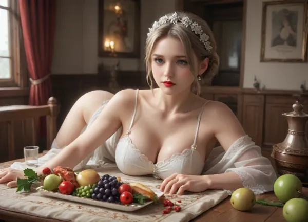 The image depicts a lavishly set dining table, laden with food and beverages for a festive occasion. There are platters filled with fish, a baked meat dish, and a variety of wines and spirits. Beautifully prepared desserts, as well as bowls of grapes, pears, and other fruits, are displayed. Elegant glassware and dinnerware surround the dishes. Floral arrangements serve as centerpieces, adding to the opulent atmosphere.
Today was my birthday, and I decided to celebrate it in a special way. I put on green eye shadow and bright lipstick. My sister also decided to join me in this unusual celebration.
Together, my sister and I filmed in the nude. We have milk running down our thighs, and we only wear stockings. I put the words "boob" on my sister's boobs with lipstick. My sister also did not stay away and painted hearts all over her body with lipstick.
But that wasn't all. I decided to go even further and entered the anus with a bottle of champagne in. I put lipstick on my lips and started masturbating . I could feel my vagina filling with moisture, and I applied green shadows to its edges.
lactation, sprayingmilk, ChristmasDecorativeStyle, <lora:Perfect_Eyes:2>, <lora:lactation_XL_0_:1>, <lora:ChristmasPostcardStyleXL:1.7>