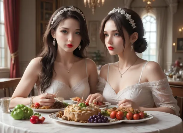 The image depicts a lavishly set dining table, laden with food and beverages for a festive occasion. There are platters filled with fish, a baked meat dish, and a variety of wines and spirits. Beautifully prepared desserts, as well as bowls of grapes, pears, and other fruits, are displayed. Elegant glassware and dinnerware surround the dishes. Floral arrangements serve as centerpieces, adding to the opulent atmosphere.
Today was my birthday, and I decided to celebrate it in a special way. I put on green eye shadow and bright lipstick. My sister also decided to join me in this unusual celebration.
Together, my sister and I filmed in the nude. We have milk running down our thighs, and we only wear stockings. I put the words "boob" on my sister's boobs with lipstick. My sister also did not stay away and painted hearts all over her body with lipstick.
But that wasn't all. I decided to go even further and entered the anus with a bottle of champagne in. I put lipstick on my lips and started masturbating . I could feel my vagina filling with moisture, and I applied green shadows to its edges.
lactation, sprayingmilk, ChristmasDecorativeStyle, <lora:Perfect_Eyes:2>, <lora:lactation_XL_0_:1>, <lora:ChristmasPostcardStyleXL:1.7>