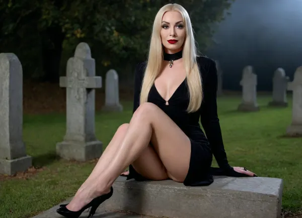 realism, 8k, photo from afar, paparazzi, voyeur, seductress, widow, full body view, Paparazzi, amateur model, granny, blonde, posing night at a celtic graveyard, (sit double crossed legs:1.6), long legs, sit on the bonnet of a wooden big black coffin, night, fog, realistic old skin, amateur, (Blonde Morticia Addams:1.6), Polish MILF, prostitute, heavy makeup, at the graveyard, Morticia Addams inspired, Deanna Troi face, skinny, skully face, long face, dark rings under the eyes, realistic, 69yo, wrinkles, skin ruined by sun, tanned, heavy wrinkles, vixen, swinger, cheater, naughty, hairy pussy view, upskirt, realistic vagina, elegant countess, austere, straight blond straight hair, bob cut, hairstyle, rich lady, classy lady, stockings, wrinkled face, Deanna Troy face, high cheekbones, long nose, wide nose, very long nose, steep arched nose, snub nose, thin lips, dark lips, ((very light eyes, big eyes, half closed eyes)), unfastened dress, black croatched necklace with a diamong jem, diamond earrings, waist thin gold chain, sitting sexy, naked under a long black wedding dress opened in front, natural hairy pussy, sat on the bonnet of a grave, at night, she has natural hairy pussy, in front of her pussy, naturally spreaded legs, leg show, leg on bonnet, asymmetric pose, perfect legs, very high arches, thin calves, outdoors, black hat, wide brim hat, floppy brim hat, long net veil on hat, black wedding dress, black veil, ugly face, wrinkles on neck, wrinkles at mouth side, elbow long black croatched gloves, raise up dress to show hairy pussy and stockings, legs, open, closed, high arches, very high heels stiletto, night red stiletto, cellilute dimples