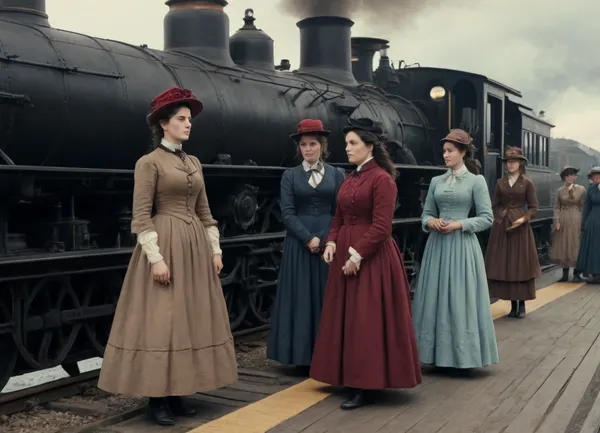 In 1817, a steam locomotive pulls into the station. A group of women in nineteenth-century clothing stand on the platform.
