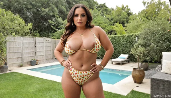 The 45 years old mature woman, brunette, long wave hair, glamour, huge hoop earrings, bracelet, necklace, make up, smoked eyes, confident presence. She is standing upright with her hands resting on her hips, accentuating her posture. Her body is curvy, very tan skin, she is at the backyard, Her breasts are very small and saggy natural, very small tiny saggy boobs tits, fitting snugly in a very high waisted triangular bikini bottom, very high waist triangular bikini, fruit-patterned bikini top that is very small. Her stomach is flat and toned, with a slight curve that leads to her wider hips, emphasizing her feminine silhouette. Her hips are huge culottes, transitioning smoothly into her thighs, which appear thick. The fruit-patterned bikini extreme high waist bottoms she wears complement her figure, accentuating her curves and adding a playful element to her outfit. Her overall appearance exudes style and confidence. solo picture, she is looking at the viewer, intense sexy looking at the camera