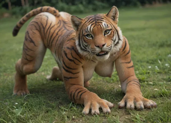 Small furry tiger female, on all fours, anthro body, perfect round breasts, huge nipples, full body furr, detailed furr, furry hands, furry paws, in the high grass, highly expressive face, looking at viewer, looking hopefuly, smiling, cute face, close up, upper front point of view, nude, high resolution, detailed, realistic