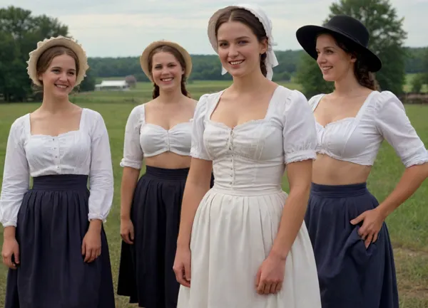 Group of half-naked beautiful Amish busty women, 30 years old, traditional Amish dress with bonnet, long skirt, unbuttoned corsette, open white blouse, fully exposed naked breasts, topless, no bra, strong legs, smiling, farm outdoor, hyperrealistic