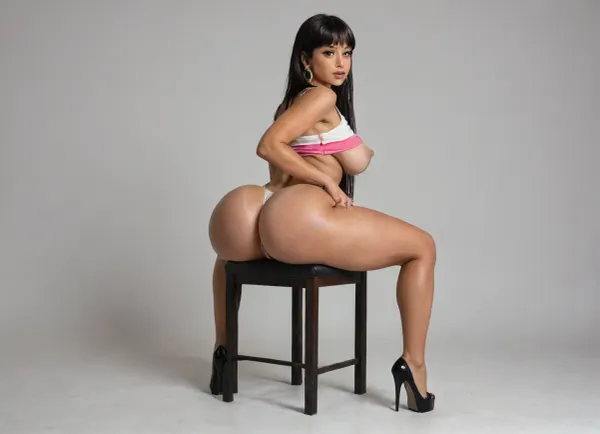 Hyper realistic, award winning photo, hacienda home, 20+, Hourglass, fit, voluptous, hyper bbl, cosplay, chel from road to el dorado, sitting on a chair back to viewer, spreading ass wide open, stretching ass cheeks apart, huge heart-shpe ass, (Large Ass:1.3), rounded bubble butt, bulging ass, deep ass crack, huge heart-shpe buttocks, bulging butt, extremely tight butt, bubble bubble butt, extremely juicy bubble butt, round ass, back arched, cocked hip, feet spread wide apart, looking back at viewer, large Breast, large natural teardrop breasts, 38 double g breast size, pink areolas, (hyper erect nipples:1.3), hyper prounounced nipples, straight hair, Form Fitting Clothes, micro thong, g-string, tone Thighs, wasp waist, lean, tan skin, medium tan, (tan lines:1.3), hinata face, round face, large round eyes, dark brown eyes, dark brown hair, arrogant expression, jewelry, exposing breasts, seductive, inviting, enticing viewer, dynamic sexy pose, hdr, highly detailed, huge wide hips, thick tone thighs, thigh gap, perfect body, thighs bigger than waist, wide hips, tone long legs, heels, (5 inch heels:1.3), hyper sultry, hyper suggestive, hyper provocative, ass, hips, narrow, waist, longnips, large, breasts, big, boobs, huge, tits, side view, rear view, front view, <lora:BodyLicious:1.3>, <lora:longnipsxl:1.5>, <lora:bombshell_v2:1>