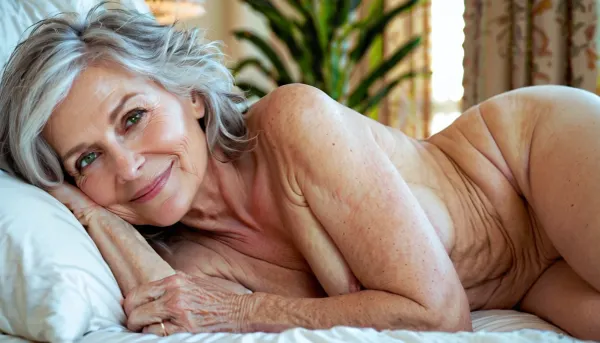 a curvy 69 year old english woman with tousled shaggy messy grey hair and green eyes and big breasts and pale skin and no makeup lying prone on bed, perfect eyes, topless, smiling, perfect nipples, side view
