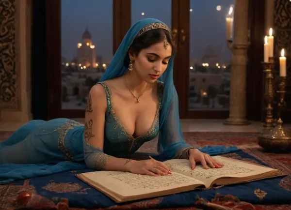 Scheherazade beautiful princess from tales from the Arabian Nights, 25 nyear old, reading a parchment with arabic calligraphy, in blue gown made of transparent veils, showing nipples, henna tattoo, resignation expression, she is in Baghdad, in Harem in an Arab palace, on Persian carpets and surrounded by cushions, (moonlight through window, nightly), great serenity and warm light, realistic photography, candles, perfect hands, side view, perfect fingers, arabic, calligraphy, <lora:arab_architecture_by_styx:1.5>, <lora:arabic_calligraphy:1.5>, dark, skin, <lora:Darker_skin_SDXL:.8>, <lora:Omani_male:.8>