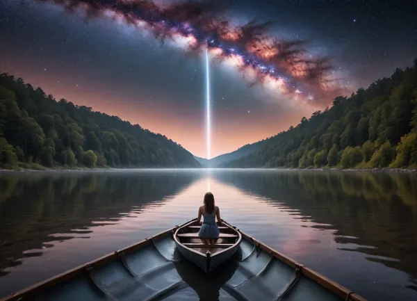 Photorealism, photorealistic, realistic, {dark fantasy art, girl with her back to the viewer, sailing in a boat!, (along the Milky Way, reflecting in the river, a white glowing strip shows the galaxy), surrounded by space, stars, and stardust}, lifelike, highly detailed, ultra-realistic, cinematic lighting, 8K