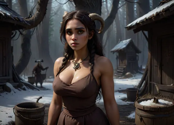 Abandoned northern Russian village, decayed wooden houses, old broken well, twisted leafless trees, dense fog, eerie mystical atmosphere. A young woman with long white braids, wearing a traditional Russian patterned headscarf, full-figured body, strict facial features, cold expression. She stands near the well with a bucket. Behind the trees, a supernatural creature watches — a faun-like demon with goat hooves, dark skin, glowing eyes. Cinematic lighting, high detail, ultra-realistic textures, dramatic shadows, 8k, highly detailed environment, atmospheric depth, sharp focus on main characters, photorealistic., clvnhvs, 4ng3l, face, <lora:DetailedEyes_V3:1.6>, <lora:Animated_Concept:.3>, <lora:clovenxl_v1:.8>, <lora:dark:1.8>, <lora:SDXL_BetterFaces-LoRA_v1:2>