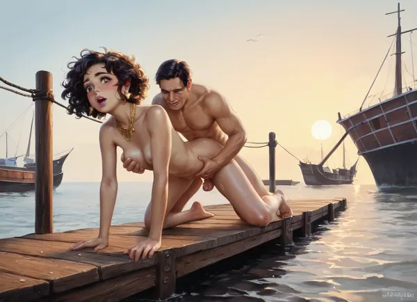 A full-length hentai-style photograph depicting the modern port of Antibes in the early morning, (on the parapet of the pier with yachts moored in the port), a completely naked 35-year-old woman with long, thick, natural chestnut hair, softly wavy below her shoulders, an oval face with expressive cheekbones, neat eyebrows, a straight nose, expressive dark brown eyes, fair skin with a slightly warm tone, and delicate pink lips. She wears a thin gold chain around her neck and small gold earrings in her ears., (Behind her stands a young, handsome man with an erect penis. He holds her breasts with his hands and fucks her from behind), classic vaginal sex, arousal, passion, orgasm. In the background is the sea, yachts, the port of Antibes, the French Riviera at dawn, award-winning illustration, editorial style, hyper-realistic image, ultra-high resolution, RAW file tag.