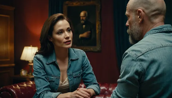 “beautiful prostitute speaking with A 58-year-old handsome man, nearly bald, 3day bearded, Jeans, T-shirt, first time in his life at a brothel. realistic style.”