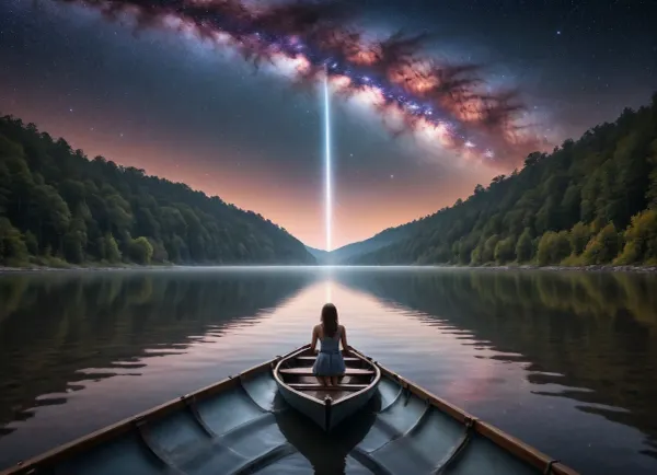 Photorealism, photorealistic, realistic, {dark fantasy art, girl with her back to the viewer, sailing in a boat!, (along the Milky Way, reflecting in the river, a white glowing strip shows the galaxy), surrounded by space, stars, and stardust}, lifelike, highly detailed, ultra-realistic, cinematic lighting, 8K