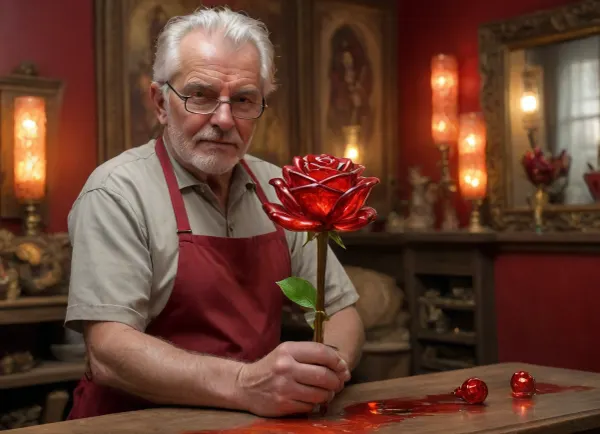 (Artisanal photography, masterpiece, photorealistic, 8k), a master Venetian glassblower in his Murano workshop, elderly man with focused expression, wearing a leather apron, (holding SCULPTED GLASS ARTWORK:1.6), . The artwork is a ROSE, but not a real flower — it is crafted from, (glowing, molten-hot, translucent crimson glass:1.7), showing the fluid, folded texture of hand-blown glass., (The glass rose is visibly fused to the metal rod, no stem, no leaves:1.5), its petals catch, (highlights of orange and gold from the furnace glow:1.4), . A furnace with fire cast a dramatic lighting, workshop interior with stone walls, (wooden bench cluttered with tools:1.3), (ornate Venetian carnival mask laying on the bench:1.6), shallow depth of field, sharp focus on the glass artwork, detailed textures.