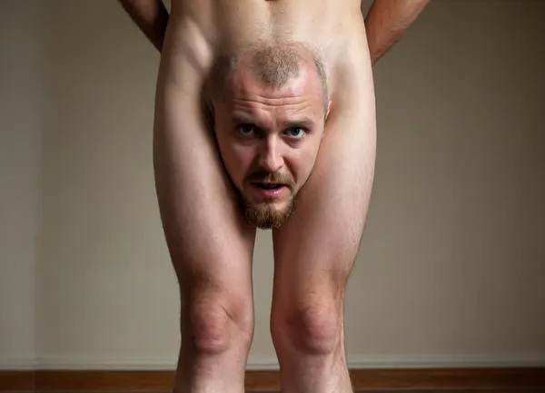 Man with his head growing between his legs. Crotch head