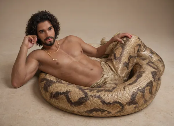 Snake man. Naga. Half snake half human. Attractive. Monster. Lamia. Male. Man. Egyptian. Scales. Snake fangs. Snake skin. Hybrid. Snake tail from the waist down. No legs. Full body. Scales on chest. Long tail. Coiled. Arms. Dark skin. Jewelry. Gold chains. Solo male Multiple scale colors. Beard. Facial scales. Snake eyes. Two cocks. Diphallia. Stomach up. Laying on a sunny rock. Naga. Half snake. Snake hybrid. Half snake. Snake tail. Snake human fusion.
