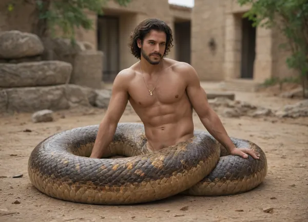 Snake man. Naga. Half snake half human. Monster. Lamia. Male. Man. Scales. Snake fangs. Snake skin. Hybrid. Snake tail from the waist down. No legs. Full body. Scales on chest. Long tail. Coiled. Arms. Dark skin. Jewelry. Gold chains. Solo male Multiple scale colors. Beard. Facial scales. Snake eyes. Stomach up. Laying on a sunny rock outdoors. Naga. Half snake. Snake hybrid. Half snake. Snake tail. Snake human fusion. Naga.
