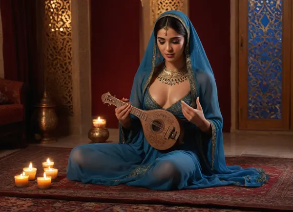 Scheherazade sensual princess from tales from the Arabian Nights, (showing nipples), (playing oud arabica instrument), showing pussy, face veil, 25 year old, taking off and undressing blue gown made of transparent veils, henna tattoo, serenity expression, she is in Baghdad, in Harem in an Arab palace, arabic calligraphy, on Persian carpets and surrounded by cushions, (moonlight through oriental window, nightly, stars, starry night, flying carpet), great serenity, warm light, realistic photography, golden oil lamp, soft smoke of incense, candles, arabian nights ambiance, arabic, calligraphy, dark, skin, <lora:arab_architecture_by_styx:1.5>, <lora:arabic_calligraphy:1.5>, <lora:Darker_skin_SDXL:.8>, <lora:Omani_male:.8>