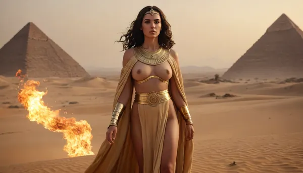 egyptian women praist in ancient robe, gold lingery in deep desert, fire storm on horizont