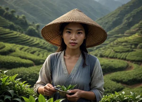 A beautiful Vietnamese tea picker on terraced plantations, Chiaroscuro lighting, 8K, UHD, hyper-photorealistic, 1girl, (tight medium shot:.8), NEGATIVE_HANDS, <lora:detailed_notrigger:.4>, <lora:CinematicStyle_v1:.5>, <lora:lora-sdxl-perfect-eyes:.9>