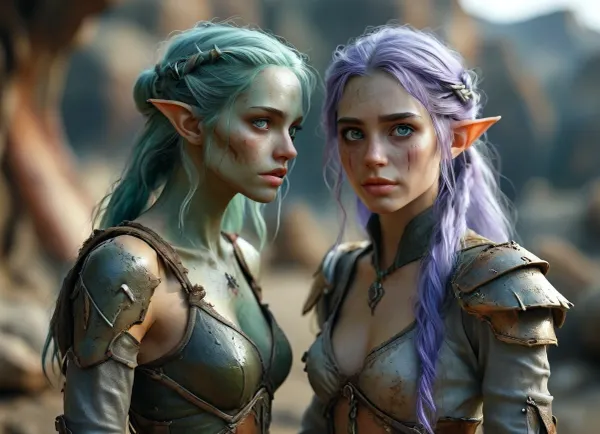a green and gray mutant in medieval rags and an elven amazon 21 years old \ \ collided in battle \ \ mutant growls \ \ the girl is very confident approaching \ the girl's figure is narrow shoulders wide hips thin waist her skin is blue her hair is very long purple complex hairstyle she is dressed in desert light armor \ \ the girl uses magic against the mutant \ the mutant's skin is gray and salty and he has zombie teeth, <lora:MJ52:.8>, <lora:add-detail-xl:.8>, <lora:CuteLora:1.6>, <lora:Midjourney Image Enhancer XL v1:.8>