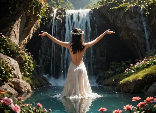 1girl, score_9, score_8_up, score_7_up, full body picture, She is seen from behind, back facing the camera, beautiful young adult thin, fit and athelic supermodel in a secret flower garden, with a waterfall in the background, She has very pale skin, a wreath of flowers placed on the head, standing, facing a distant waterfall, soft misty air, (she has her arms open, stretched forward toward the waterfall:1.5), dreamy harmony with nature, long loose jet black hair falling down her back, naked, soft natural curves. Warm late afternoon light glows on her pale skin, water droplets sparkling in the air. Shallow depth of field, dreamy bokeh flowers, cinematic, romantic, refined sensuality, quality, captures, every, detail, clarity, NEGATIVE_HANDS, <lora:Hidden_Waterfall:.6>, <lora:add-detail-xl:.9>