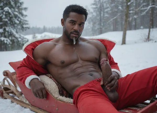 total view, winter landsacpe, black african Santa Claus man, black skin, tatoos on chest, lying leaned back in a big open sleigh, defind abs, curtain opend, redpants wide opened, showing his face and huge 16 inch long dick, hard erected veiny cock, (face and cock), black boots, winter landscape, masturbating, cumming, cumexplosioin, cum on face, photorealistic