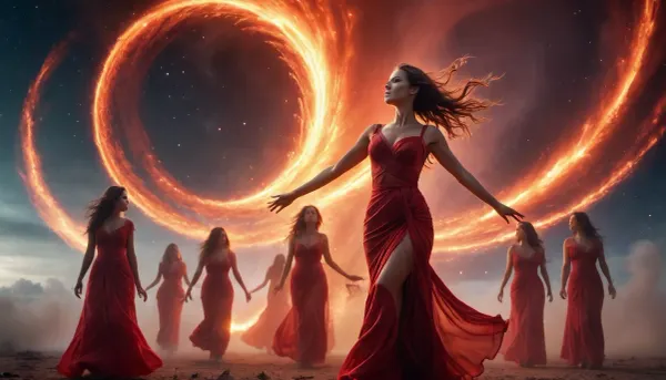 light connection between many of galaxies, red women ghost dancing between them fire tornado from sky
