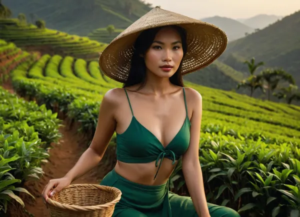(scale image of young Vietnamese woman), (Asian facial features), (farmer picking tea), (curved terraces of tea bushes), (straw conical hat), 1. 2, (long black hair), (green top and pants), (vine woven basket), (close-up of delicate fingers), (terraced tea bushes), (bright direct sunlight, diffused light), (realistic color rendering), (photorealistic), (depth of field), (bokeh)