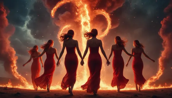 light connection between many of galaxies, flaming red women ghost dancing between them fire tornado from sky