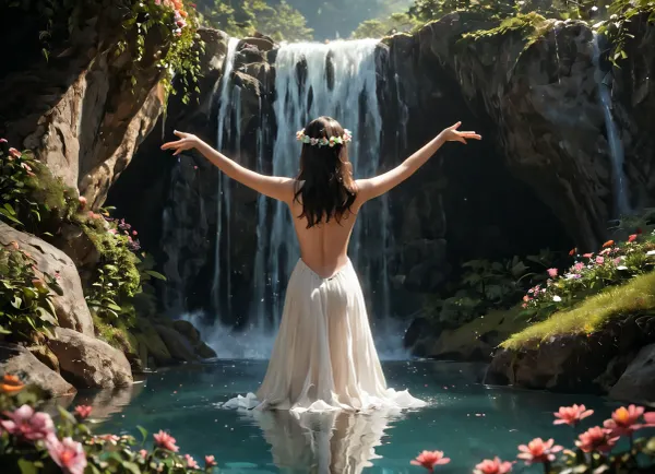 1girl, score_9, score_8_up, score_7_up, full body picture, She is seen from behind, back facing the camera, beautiful young adult thin, fit and athelic supermodel in a secret flower garden, with a waterfall in the background, She has very pale skin, a wreath of flowers placed on the head, standing, facing a distant waterfall, soft misty air, (she has her arms open, stretched forward toward the waterfall:1.5), dreamy harmony with nature, long loose jet black hair falling down her back, naked, soft natural curves. Warm late afternoon light glows on her pale skin, water droplets sparkling in the air. Shallow depth of field, dreamy bokeh flowers, cinematic, romantic, refined sensuality, quality, captures, every, detail, clarity, NEGATIVE_HANDS, <lora:Hidden_Waterfall:.6>, <lora:add-detail-xl:.9>