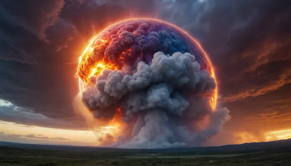 fire ball in sky full of rainbow and dramatic clouds, galaxy