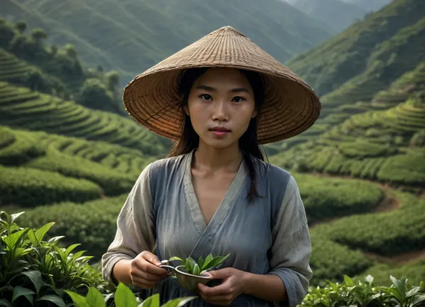 A beautiful Vietnamese tea picker on terraced plantations, Chiaroscuro lighting, 8K, UHD, hyper-photorealistic, 1girl, (tight medium shot:.8), NEGATIVE_HANDS, <lora:detailed_notrigger:.4>, <lora:CinematicStyle_v1:.5>, <lora:lora-sdxl-perfect-eyes:.9>