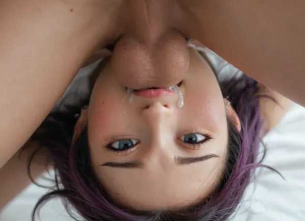 Gorgeous happy futanari girl with purple hair, pumping a climaxing petite black-haired Japanese woman's mouth full of cum, the dick is balls deep inside the mouth, orgasm, mating press position, view from below, a slight angle to capture the face of the Japanese woman underneath, cum, cumdrip, wide shot