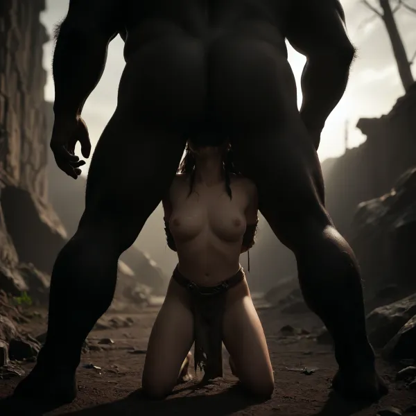 A 25-year-old desert survivor in a post-apocalyptic fantasy world gets fucked by two huge minotaurs with huge dicks on the edge of a huge cracked wasteland under an ominous gray-orange sky. The land is desolate and lifeless, dotted with the ruins of forgotten civilizations and gnarled trees petrified by time. The minotaur monsters grab the elf and simultaneously impale her on their members, the elf screams in ecstasy from excitement and pain, sperm spills out of her holes, the monsters tear her clothes, her clothes are torn to shreds.
The elf has long black hair in messy braids and dreadlocks, and fair skin with soft, doll-like features. Her big blue eyes are full of pleasure, but also charm. She is wearing a modest outfit made of stitched leather and torn fabric, emphasizing her toned figure. Two huge monstrous mutated minotaurs, over 10 feet tall, muscular and primal, with jagged obsidian horns, glowing red eyes filled with rage, battle scars etched into the flesh, and chains hanging from their belts. power and mutation, their armor is half-melted into muscle, their sinews exposed beneath their torn hide-and yet they have an undeniable animal magnetism . They fuck the elf with predatory concentration, their huge dicks sticking out and wanting to dive into the holes of the cute elf. Style, dark fantasy, dystopian apocalyptic setting, cinematic lighting, dramatic moment of action, high detail, sensual tension, close-up, flaccid, copulation, abs, penis, crotch, friction, suggestive, fluid, wet vagina, deep throat, w4rhammerbeastmen, in shadows, face, Minotaur, monster, creature, loincloth, shoulder, armor, suspended, congress, vaginal, anal, ass, focus, grab, standing, hug, leg, lock, breast, press, straddling, arms, around, neck, lifting, person, rolling, eyes, vines, <lora:dark:.8>, <lora:add-detail-xl:1.7>, <lora:MIAOKA_shutengyi_xl_v1.0:.6>