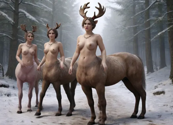 Photorealistic, HD, at an angle of 45 degrees to the observer, group of 4 centaurs pulling Santa’s sleigh through the snow, humantaur, (female head, (short bobcut hair), female obese torso, wide-open vagina, smooth pink vagina), reindeer legs, bare breasts, naked vagina, no panties, no bra, reindeer antlers, Christmas style, 0, <lora:humantaurs_02_20_merge_sdxl:.8>, <lora:Centaurs:.8>, <lora:RPGCentaurXL:.8>, <lora:add-detail-xl:.8>, detailxl