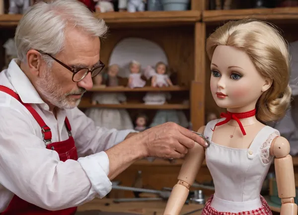 (Older man:1.2), (Caucasian:1.2), (70 years old:1.1), (detailed glasses:1.3), short white hair, (white shirt:1.2), (red suspenders:1.1), close-up shot, (repairing a doll:1.3), (detailed facial features:1.3), focused expression, (standing at a workbench:1.2), hands repairing a doll on a wooden workbench, (highly detailed doll parts:1.3), warm lighting, indoor workshop setting, (soft shadows:1.1), vibrant colors, (focused on doll details:1.2), (intricate restoration:1.2), shot with a medium focal length, (clear details:1.3)