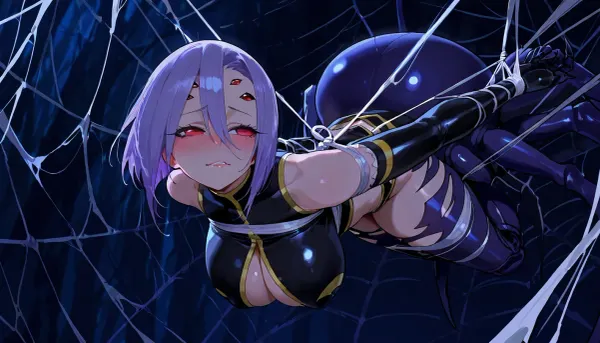 Rachnera Arachnera, (Monster Musume), . Spider monster girl, black leather clothes, red eyes, short purple hair, biting lip, blushing.

Hanging in a giant spider web, full body view, bondage, tied up in white rope, full body bondage.

Dark abandon building, dark dim lighting, worm pov.