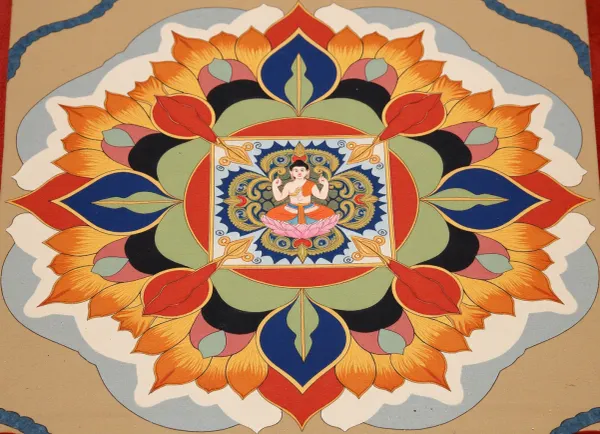 Traditional Tibetan thangka painting depicting a sacred mandala, (double exposure), (picture within a picture), (drawn on sand by a Tibetan nun:1.4), . The central deity sits in the heart of the lotus. It is surrounded by a square palace with four richly decorated gates, (T-shaped toranas), facing the cardinal directions. The surrounding layers include a ring of multicolored lotus petals, a vajra ring, and an outer ring of cosmic fire, (flame of wisdom), in bright red, blue, and gold colors. High detail, symmetrical composition, rich mineral pigments, gold leaf accents, authentic Himalayan Buddhist art style, ancient parchment texture, painted by a Tibetan nun using sand, picture within a picture, 8k resolution, meditative and divine atmosphere.
