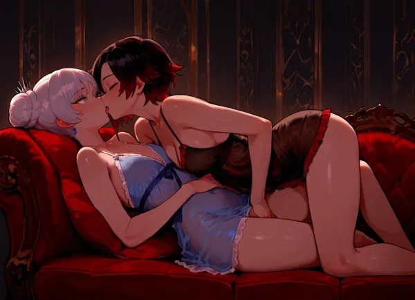 Ruby Rose, (RWBY), and Weiss Schnee, kissing and cuddling with each other on the couch in their pajamas., (Weiss Schnee is a tall, skinny woman with long, white hair, blue eyes, wearing a blue transparent nightgown.), (Ruby Rose is a short, petite woman with short black hair, grey eyes, wearing a black nightgown), Dark, dim living room, cozy couch.

2 girls, blushing, tongue kissing, cuddling, hugging, fingering, soft, warm, 4k detail, clear, crisp.