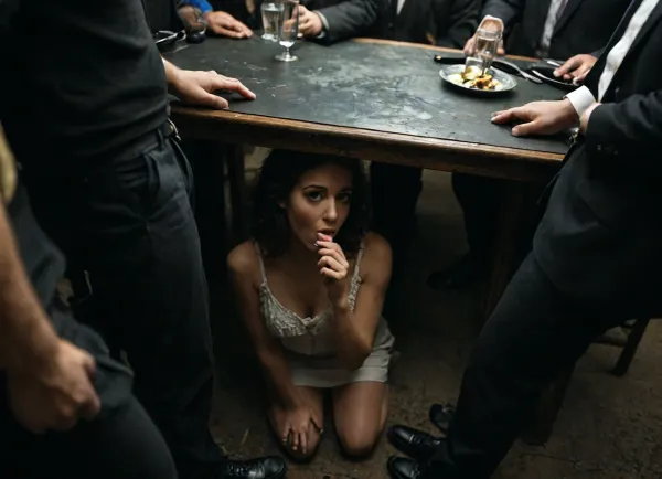 A 20-year-old bridesmaid, (kneels under a table:1.6), (sucks cock of sitting man:1.2), wears an elegant white dress, looking up, sweaty, disheveled hair, fellatio, blowjob, (man looks down to her:1.4), she hides under the table, several drunk party guests dancing in the blurred background, ballroom, shot from above, haze of cigar smoke in the air, filled with dust and smoke, cinematic moody lighting, tense but charismatic atmosphere, crowd, of, people, cloudy, smoke, atmospheric, clouds, fog, <lora:crowd_notrigger:.8>, <lora:MJ52:.4>, <lora:dark:.1>, <lora:Cloudy_Style:.6>, <lora:attractive_notrigger:.3>