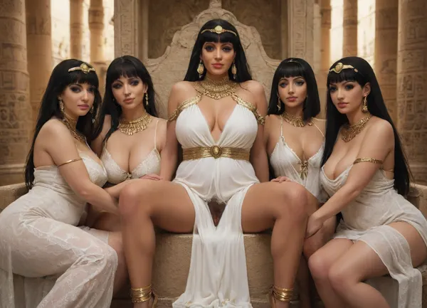 45 years old, chubby woman, (Cleopatra:1.5), black hair, blue eyes, very long straight layered hair, (Wearing a long gold white Egyptian dress with gold lace trim:1.5), gold jewelled choker, gold jewellery, hairy pussy. Seductive, smiling. Eye contact. Egyptian makeup. Gold headress .
She is sitting on her ornate throne, (surrounded by an orgy:1.5), in the evening, candle lighting, shadows, massive cleavage, heavy breasts, downblouse, nipples just visible, seductive, Side view. Beautiful detailed face, smouldering azure blue eyes